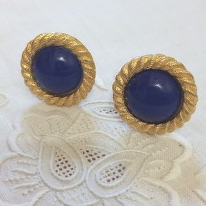 Ginnie Johansen lapis cabochon gold tone rope button clip-on earrings